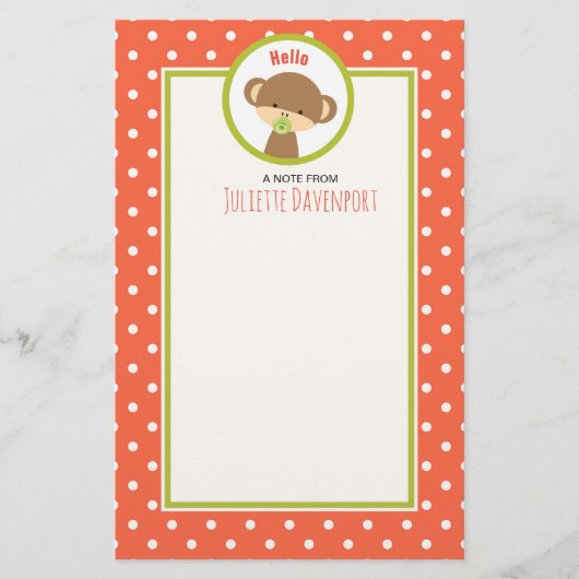 Baby aap met een Pacifier op Polka Dots Hallo Briefpapier (Voorkant)