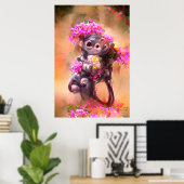 Baby aap met Poster Flowers (Thuiskantoor)