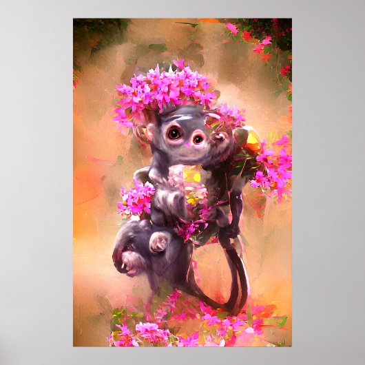 Baby aap met Poster Flowers (Voorkant)
