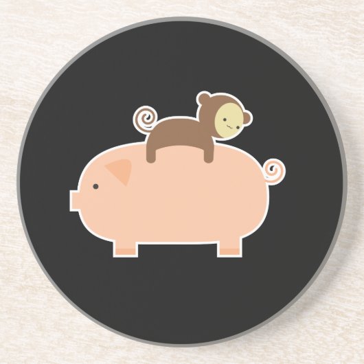 Baby aap Riding op een varken Zandsteen Onderzetter (Voorkant)