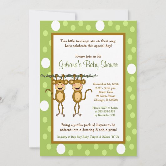 Baby aap TWINS 5x7 Baby Shower-uitnodigingen Kaart (Voorkant)