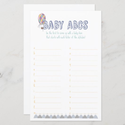 Baby ABC Adventure Baby shower Game (Voorkant / Achterkant)