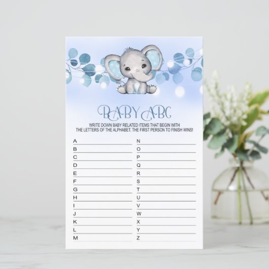 Baby ABC Baby shower Game BLUE ELEPHANT (Staand voorkant)