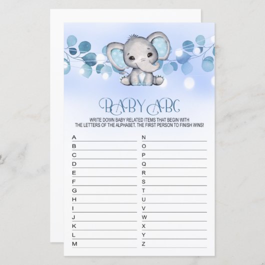 Baby ABC Baby shower Game BLUE ELEPHANT (Voorkant / Achterkant)