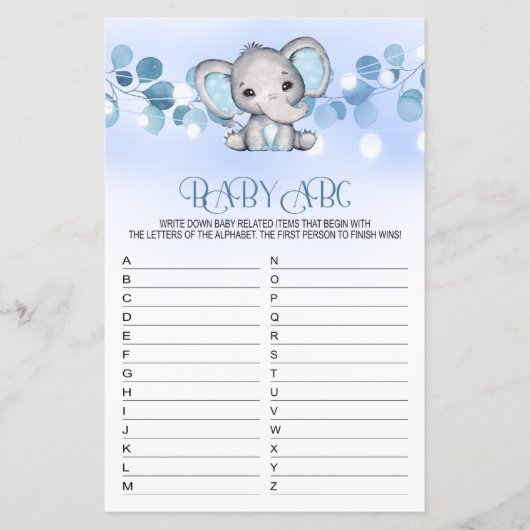 Baby ABC Baby shower Game BLUE ELEPHANT (Voorkant)