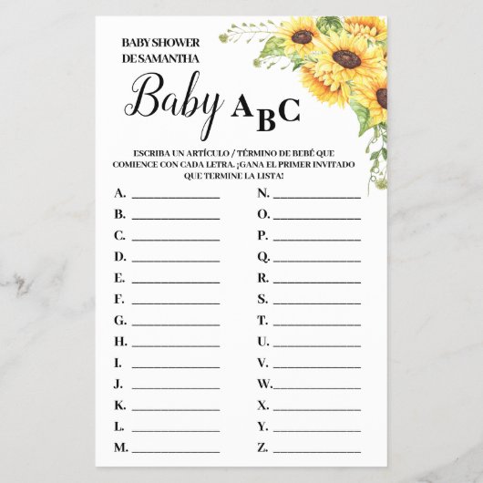 Baby ABC engels spaans babyshower spelkaart Flyer (Achterkant)