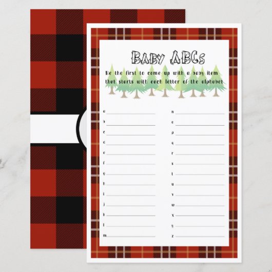 Baby ABCs Little Lumberjack Baby shower Game (Voorkant / Achterkant)