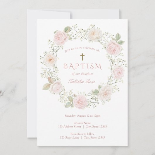 Baby Adembloemen en Rozen Doopuitnodiging Kaart (Voorkant)