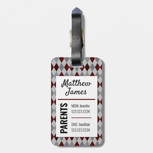 Baby Aggie Maroon Gray Argyle Pattern Bag Label Bagagelabel (Achterkant verticaal)