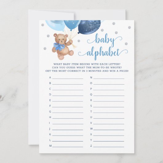 Baby Alfabet ABC Spel Baby Shower Teddy Beer Kaart (Voorkant)