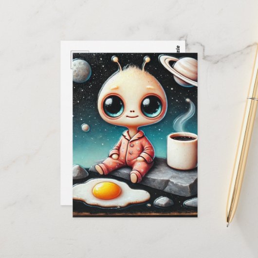Baby Alien met koffie en ei Briefkaart (Voorkant / Achterkant in situ)