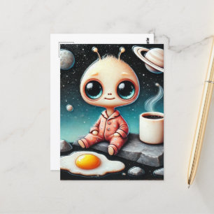 Baby Alien met koffie en ei Briefkaart