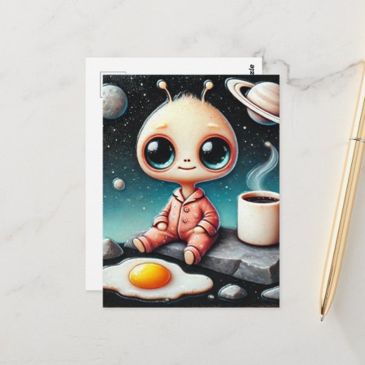 Baby Alien met koffie en ei Briefkaart (Voorkant / Achterkant in situ)