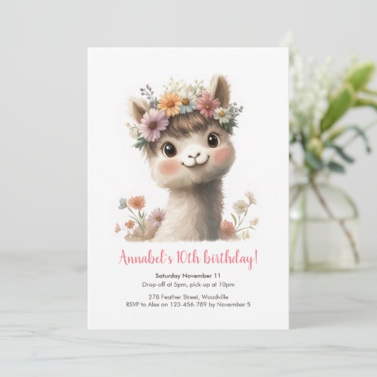 Baby Alpaca meisjes verjaardagsuitnodiging Kaart (Staand voorkant)