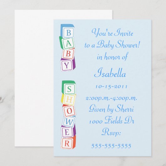 Baby Alphabet Block Baby shower Invitation Kaart (Voorkant / Achterkant)