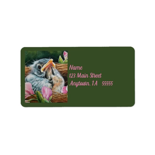 Baby American Robin Bird in Nest Waterverf Art Etiket (Voorkant)