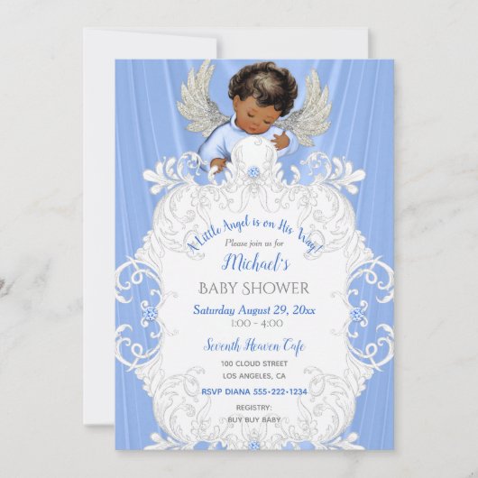 Baby Angel Blue Silver Dark Skin Tone Invitation Kaart (Voorkant)