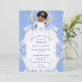 Baby Angel Blue Silver Dark Skin Tone Invitation Kaart (Staand voorkant)
