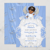 Baby Angel Blue Silver Dark Skin Tone Invitation Kaart (Voorkant / Achterkant)