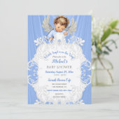 Baby Angel Blue Silver Light Skin Tone Invitation Kaart (Staand voorkant)
