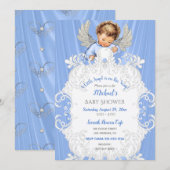 Baby Angel Blue Silver Light Skin Tone Invitation Kaart (Voorkant / Achterkant)