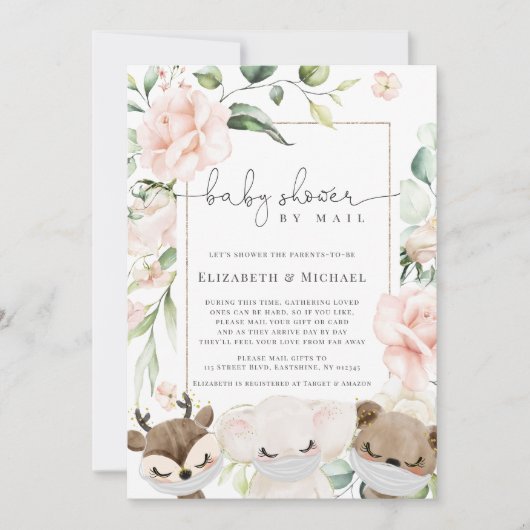 Baby Animal Blush Flowers Baby shower per post Kaart (Voorkant)