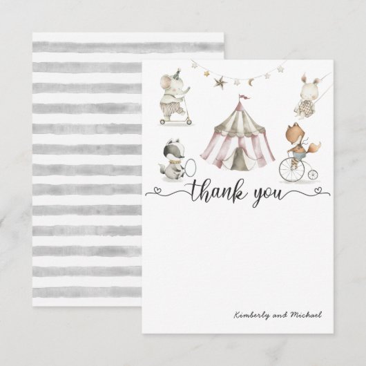 Baby Animal Circus Baby shower Dank u kaart (Voorkant / Achterkant)
