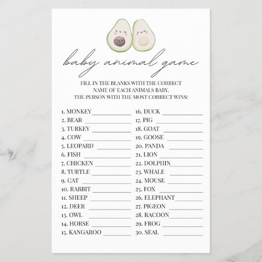 Baby Animal Game Avocado Heilige Guacamole Shower Flyer (Voorkant)