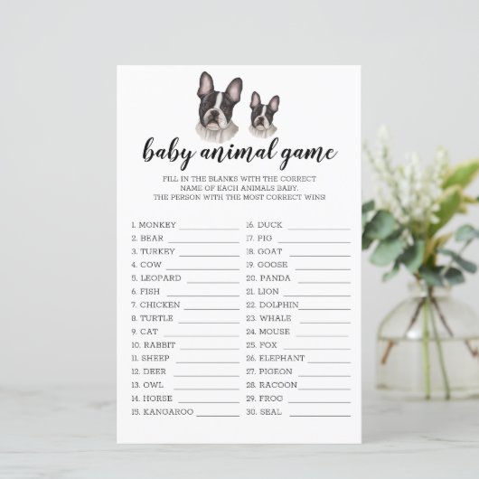 Baby Animal Game French Bulldog Baby shower BW (Staand voorkant)
