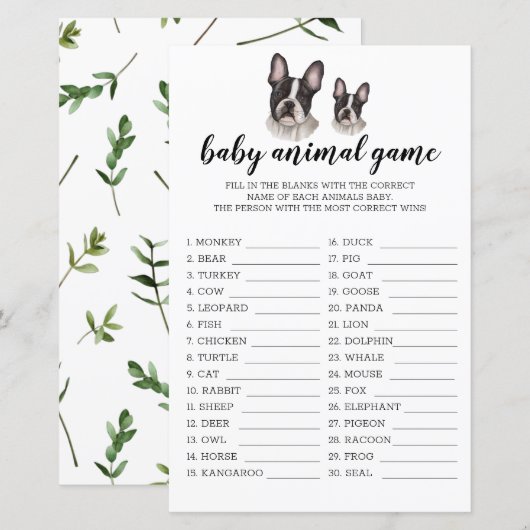 Baby Animal Game French Bulldog Baby shower BW (Voorkant / Achterkant)