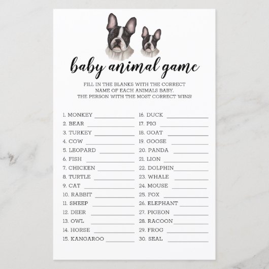 Baby Animal Game French Bulldog Baby shower BW (Voorkant)