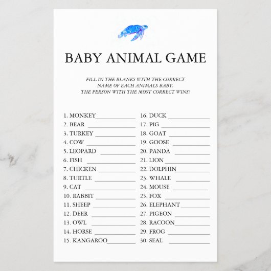 Baby Animal Game onder het Zee Baby shower Flyer (Voorkant)