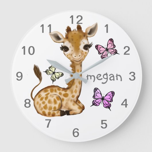 Baby Animal Giraffe Butterfly Nursery Wall Clock Grote Klok (Voorkant)