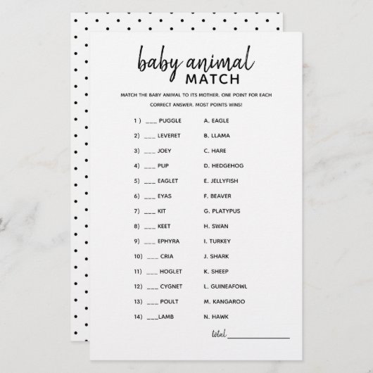 Baby Animal Match Minimalistisch Baby shower (Voorkant / Achterkant)