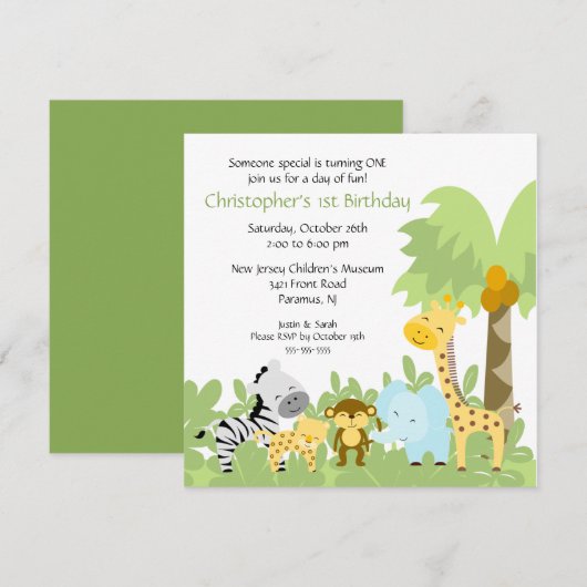 Baby Animal Oerwoud Birthday Invitation Kaart (Voorkant / Achterkant)