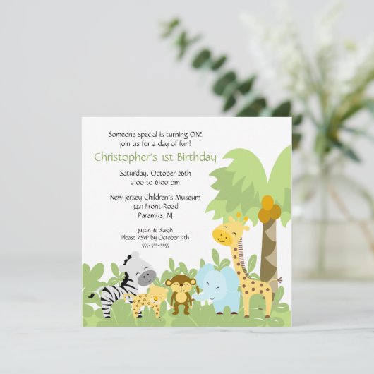 Baby Animal Oerwoud Birthday Invitation Kaart (Staand voorkant)