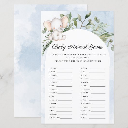 Baby Animals Boy Blue Elephant Baby shower Game (Voorkant / Achterkant)