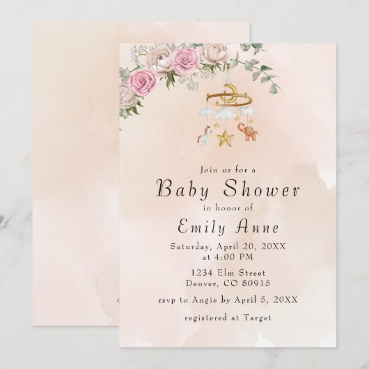 Baby Animals Carrousel Peach Baby shower Invitatio Kaart (Voorkant / Achterkant)