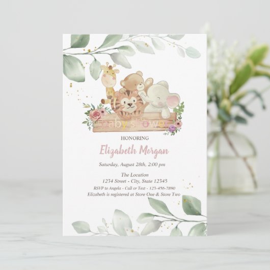 Baby Animals Flowers laten Baby shower uitnodigen Kaart (Staand voorkant)