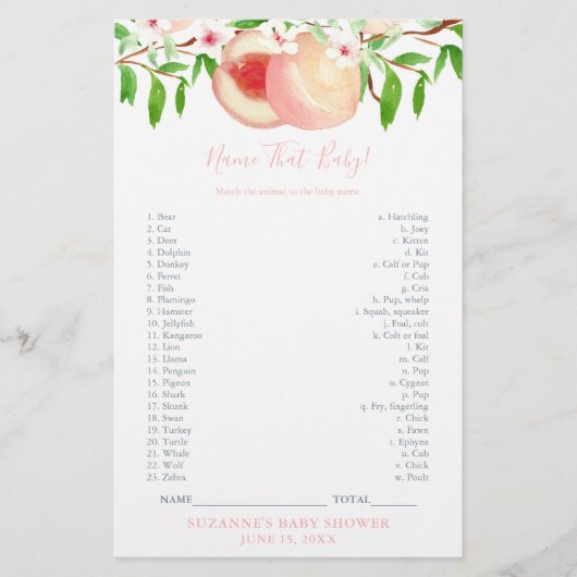 Baby Animals Game Kaart Sweet Peach Shower (Voorkant)