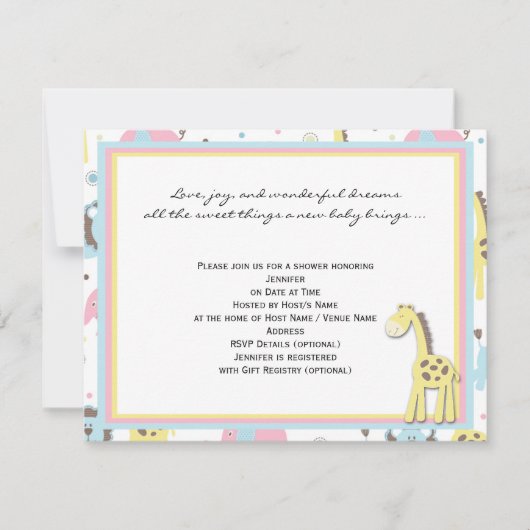 Baby Animals Gele Giraffe Douche Uitnodiging (Voorkant)