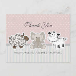 Baby Animals Roze Baby shower Dank u wel Briefkaart