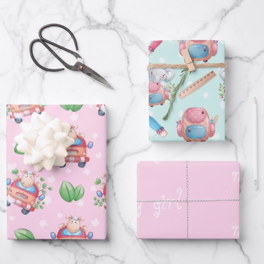 Baby Animals Roze voor meisje Inpakpapier Vel (Voorkant)