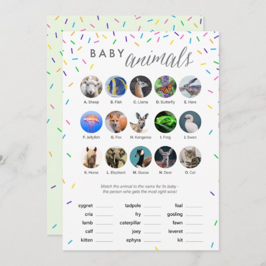 Baby Animals Shower Game Card - Naar verluidt bedr Programmakaart (Voorkant / Achterkant)