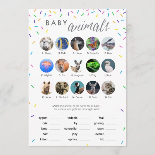 Baby Animals Shower Game Card - Naar verluidt bedr Programmakaart (Voorkant)