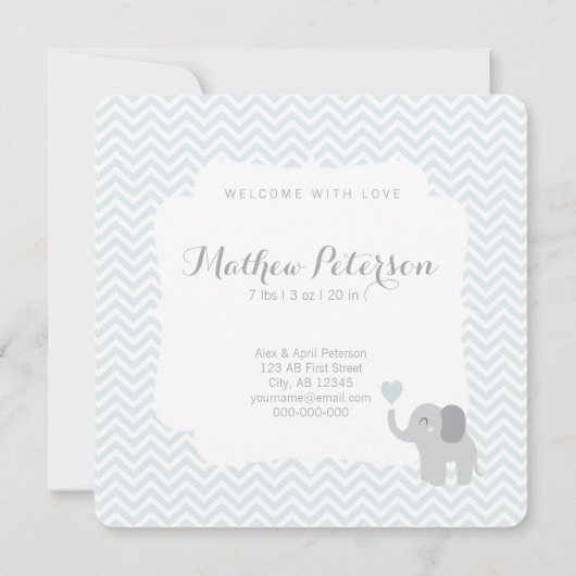 Baby Announcement Boy Elephant Chevron Heart Aankondiging (Achterkant)