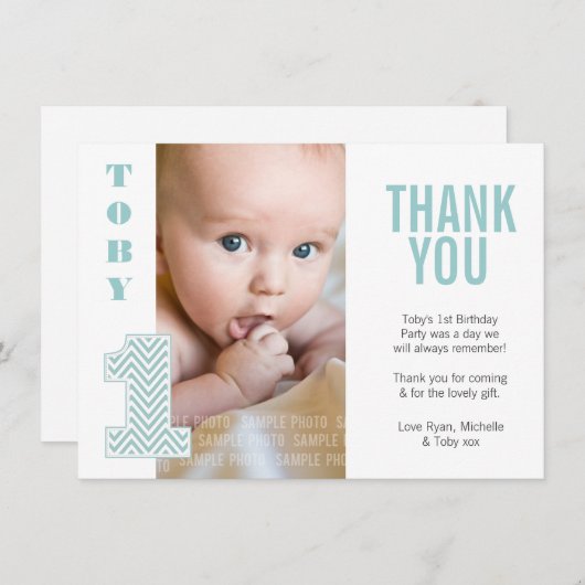 Baby Aqua Chevron 1e Verjaardag Dank u Foto Bedankkaart (Voorkant / Achterkant)