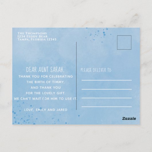 Baby Aquarel Schip Ahoy Het is een Jongen Dank Je  Briefkaart (Achterkant)