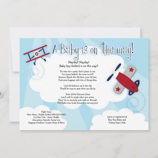 BABY AVIATOR Vliegtuig 5x7 Baby shower Uitnodiging (Voorkant)