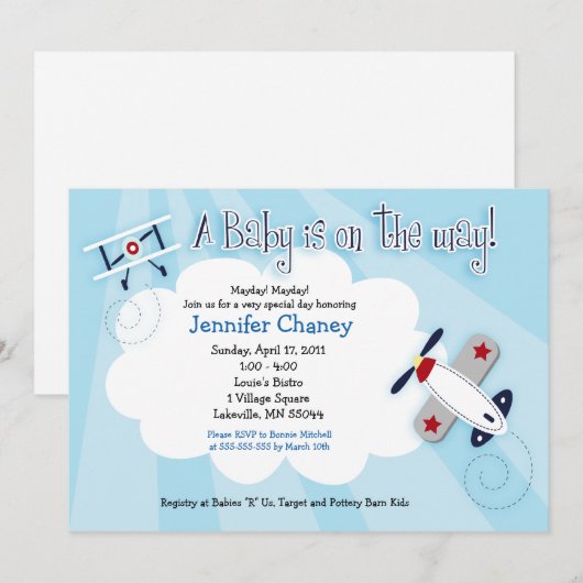 BABY AVIATOR Vliegtuig 5x7 Baby shower Uitnodiging (Voorkant / Achterkant)